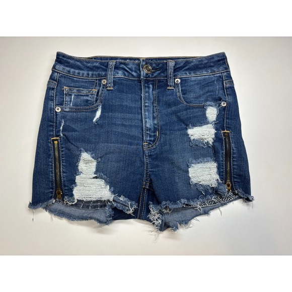 American Eagle Shorts Womens 4 Blue Hi-Rise Shortie Distressed Denim Zippers - Picture 1 of 9